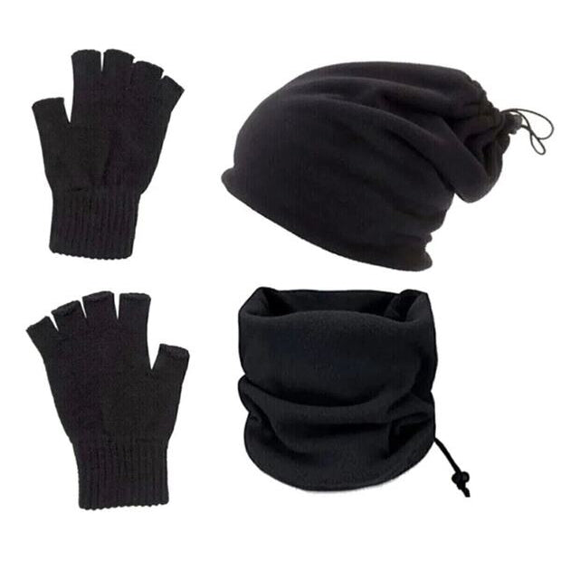 3 Lü Set Soğuk Geçirmez Termal Polar Boyunluk Bere Ve Örgü Kesik Eldiven Siyah