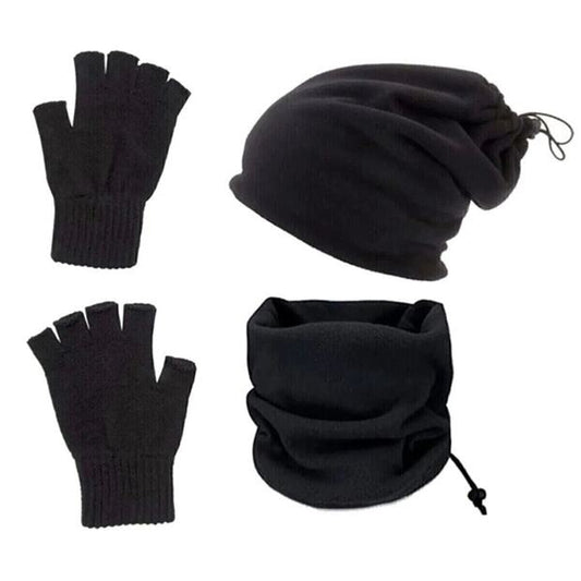 3 Lü Set Soğuk Geçirmez Termal Polar Boyunluk Bere Ve Örgü Kesik Eldiven Siyah